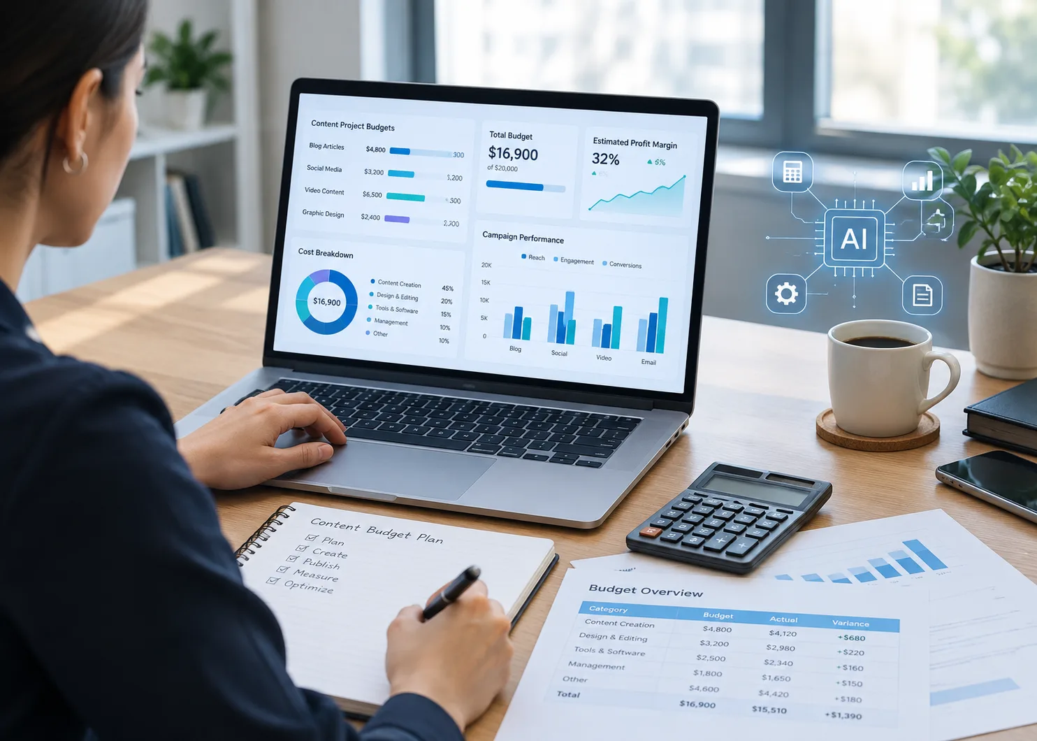 AI calculation tools for digital agencies displaying content budgets, project cost estimates, profit margin charts, and campaign analytics on a laptop, alongside a calculator and budget documents for financial planning and pricing optimization.